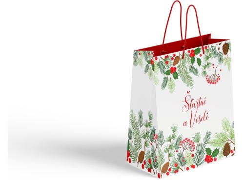 Taška dárková 100x50x150 mm Šťastné a Veselé, bílá, zelená, červená