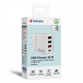 Síťový adaptér Verbatim 30W, 4 porty, 1x USB-C, 3x USB-A