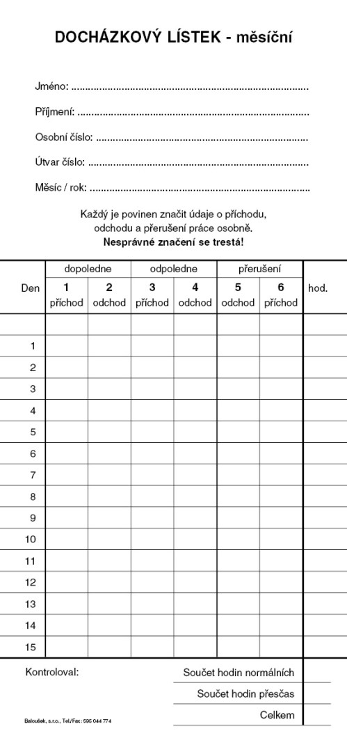 Docházkový lístek - píchačka - měsíční 1/3A4  ET475 (1)