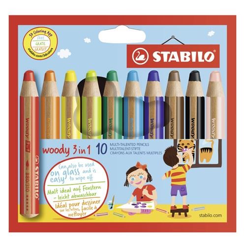 Pastelky STABILO woody 3 v 1 - barvička, vodovka, voskovka - 10 ks různých barev  880/10