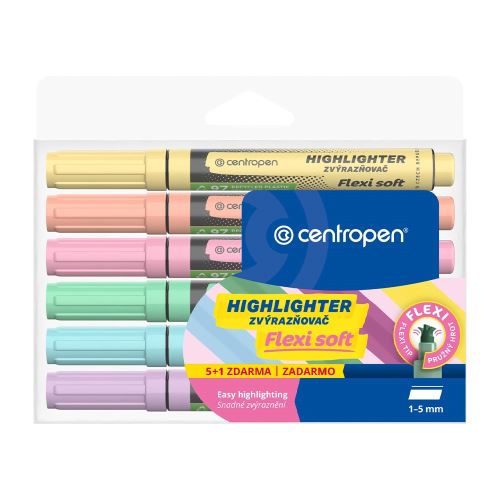 Zvýrazňovač 8542/6 Flexi soft pastel sada, 1–5mm, klínový hrot, CENTROPEN