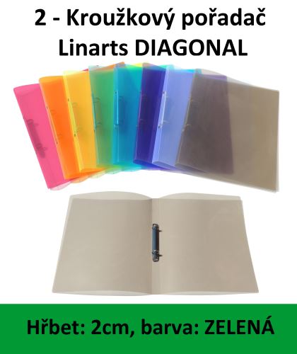 Kroužkový pořadač LINARTS Diagonal A4, lamino, 2kroužky, 2cm, zelená, 1ks/10/30 5205Z