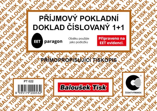 Příjmový pokladní doklad A6 číslovaný 1+1 propisující PT022