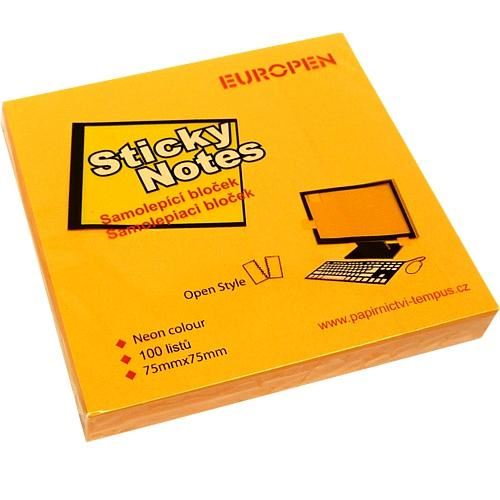 Bloček samolepící NOTES, 75x75mm, 100listů, oranžový  neon