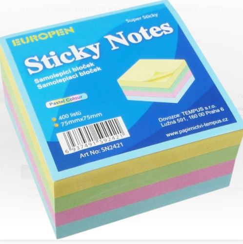 Bloček samolepící NOTES, 75x75mm, 400listů, mix barev