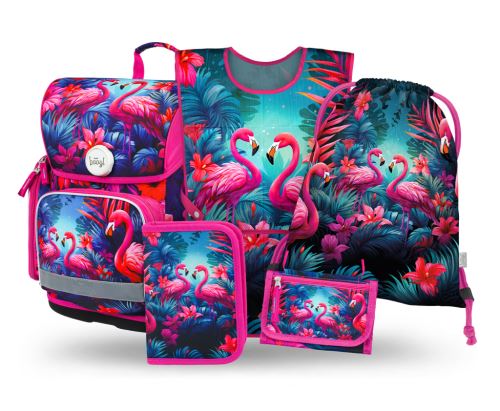 Školní set 5 BAAGL - Ergo Plameňáci - aktovka, penál, sáček, zástěra, peněženka   A-36513