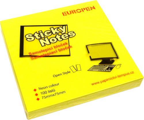 Bloček samolepící NOTES, 75x75mm, 100listů, žlutý  neon